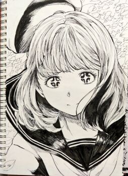 +_+ 1girl blonde_hair blunt_bangs furrowed_brow hat lineart long_eyelashes looking_at_viewer medium_hair misaki_toji monochrome original sailor_collar sailor_shirt school_uniform shirt sketch white_background