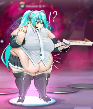 1girl absurdres alternate_body_size alternate_breast_size aqua_eyes aqua_hair aqua_necktie bad_link big_belly black_footwear black_skirt black_sleeves breasts collared_shirt detached_sleeves fat fat_woman fat_woman food fortnite game_screenshot_background hatsune_miku highres large_breasts long_hair microphone navel necktie obese obese_female pizza pizza_box pizza_slice pleated_skirt presiart screenshot_background shirt skirt sleeveless sleeveless_shirt solo thick_neck thick_thighs thighs twintails vocaloid weight_gain