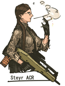 Rule 34 | 1girl, advanced combat rifle (military program), advanced individual weapon system (military program), advanced infantry weapon system (military program), ammunition pouch, assault rifle, belt, belt pouch, birdcage flash hider, black gloves, braid, breasts, brown hair, bullpup, burst fire gun, burst fire rifle, cigarette, double-stack magazine, double-stack single-feed magazine, female focus, glasses, glasses girl (nameo), gloves, gradient background, gun, hair over shoulder, highres, holding, holding gun, holding weapon, large breasts, lightning holes, long gun, long hair, long sleeves, looking at viewer, magazine (weapon), military, military program, muzzle device, nameo (judgemasterkou), necktie, needlegun, original, parted bangs, poorly drawn, pouch, prototype, prototype design, rifle, scope, semi-rimless eyewear, shirt, sight (weapon), simple background, single-feed magazine, smoke, smoking, solo, standing, steyr acr, steyr arms, suspenders, telescopic sight, trigger discipline, twin braids, under-rim eyewear, utility belt, weapon, white background