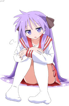 1girl absurdres choppy_bangs commentary_request cynical_(llcbluckg_c004) dot_nose full_body grey_ribbon hair_ribbon highres hiiragi_kagami hugging_own_legs jitome kneehighs knees_up long_hair long_sleeves looking_at_viewer lucky_star miniskirt no_shoes open_mouth panties panty_peek pleated_skirt purple_hair red_sailor_collar red_skirt ribbon ryouou_school_uniform sailor_collar school_uniform serafuku shadow shirt signature simple_background sitting skirt socks solo star_(symbol) underwear white_background white_panties white_shirt white_socks