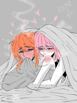 2girls alternate_costume bed blanket blush breasts couple cuddling gradient_hair green_hair head_on_pillow highres hololive hololive_english jasper_xandros large_breasts long_hair lying mori_calliope multicolored_hair multiple_girls open_mouth orange_hair pillow pink_hair purple_eyes shared_bed shared_blanket smile takanashi_kiara under_covers virtual_youtuber