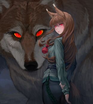 1girl absurdres amulet animal animal_ears arms_behind_back blush brown_hair closed_mouth commentary commission cowboy_shot english_commentary from_behind from_side glowing glowing_eyes green_shirt highres holo lips long_hair long_sidelocks looking_at_viewer looking_back m4skedboi pants red_eyes shirt sidelocks solo spice_and_wolf tail wolf wolf_ears wolf_girl wolf_tail