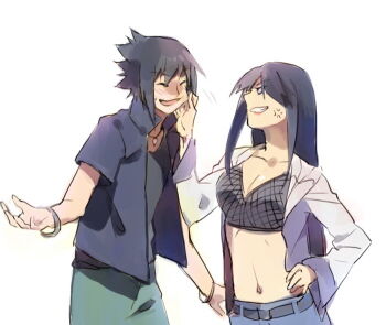 1boy 1girl anger_vein black_hair black_jacket black_shirt breasts cleavage closed_eyes hyuuga_hinata jacket large_breasts littleb midriff naruto:_road_to_ninja naruto_(series) naruto_shippuuden navel open_mouth purple_hair shirt simple_background uchiha_sasuke white_background white_jacket