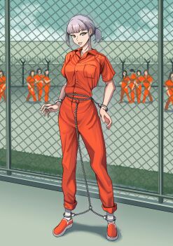 6+girls absurdres alternate_costume breasts commentary cuffs empty_eyes english_commentary fire_ritsu full_body girls&#039;_frontline grey_eyes grey_hair handcuffs highres jumpsuit looking_at_viewer medium_hair mob_x_character multiple_girls open_mouth orange_jumpsuit orange_pants orange_shirt orange_shoes pants ponytail prison prison_clothes prisoner rpk-16_(girls&#039;_frontline) shackles shirt shoes short_ponytail short_sleeves sidelocks socks standing tongue white_socks