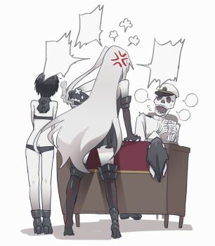 Rule 34 | 1boy, 2girls, puff of air, abyssal admiral (kancolle), abyssal ship, admiral (kancolle), anger vein, bikini, black bikini, black dress, black footwear, black hair, blank speech bubble, boots, colored skin, desk, dress, flying sweatdrops, hat, high heel boots, high heels, i-class destroyer, kantai collection, long hair, multiple girls, one side up, pale skin, ri-class heavy cruiser, short hair, simple background, sitting, skeleton, sleeveless, sleeveless dress, speech bubble, standing, sweat, swimsuit, thigh boots, thighhighs, white background, white hair, white skin, yamashichi (mtseven)