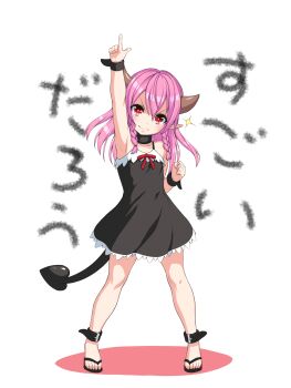1girl bare_shoulders black_dress bochi_(yamakan) braid commentary_request demon_girl demon_tail dress flat_chest full_body highres horns long_hair looking_at_viewer original pink_hair pointing pointing_up red_eyes sandals side_braids smile solo tail