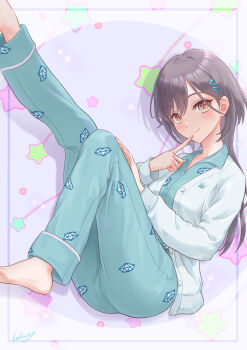 1girl absurdres aqua_pajamas aqua_pants aqua_shirt barefoot black_hair cardigan collarbone collared_shirt commentary_request hair_ornament highres jellyfish_cut katsuragi_izumi katsuragi_izumi_(sega_lucky_lottery_sleepwear) knees_up kobassy link!_like!_love_live! long_hair long_sleeves looking_at_viewer love_live! open_cardigan open_clothes orange_eyes pajamas pants shirt signature slit_pupils solo star_(symbol) star_symbol_background triangle_hair_ornament virtual_youtuber white_cardigan