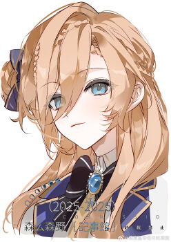 1girl blue_eyes blush character_request closed_mouth commentary_request copyright_request flower hair_between_eyes hair_ornament highres jewelry long_hair looking_at_viewer rose senmesenye shirt smile