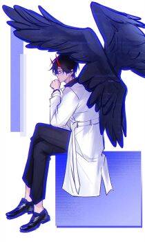1boy black_hair black_shirt black_wings coat collared_shirt crossed_legs demon_horns feathered_wings from_side full_body hand_on_own_chin horns kim_dokja looking_at_viewer male_focus muzililsp official_alternate_costume omniscient_reader&#039;s_viewpoint open_clothes open_coat popped_collar shirt short_hair sitting solo white_coat wings