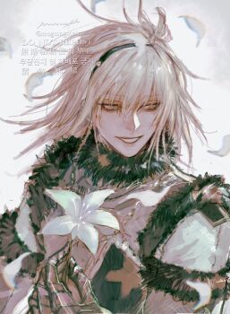 Rule 34 | 1boy, absurdres, black hairband, falling petals, flower, fur-trimmed jacket, fur trim, grey hair, hair between eyes, hairband, highres, holding, holding flower, jacket, male focus, medium hair, metal gloves, moony (mogmogmelt), nier (brother), nier (brother) (post timeskip), nier (series), parted lips, petals, smile, solo, teeth, twitter username, upper body, white flower, white petals