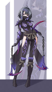 1girl absurdres ahoge alternate_costume arknights armor armored_boots artist_name black_bodysuit black_eyes black_hair bodysuit boots breasts chinese_commentary clothing_cutout commentary_request covered_mouth full_body groin hair_intakes hair_ornament hairclip highres hip_vent holding holding_weapon jiuyu_qame knee_boots la_pluma_(arknights) mask medium_breasts monster_hunter_(series) mouth_mask ninja_mask rope rope_belt short_hair shoulder_armor solo standing weapon zoom_layer