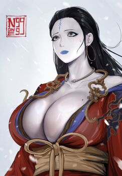 Rule 34 | 1girl, absurdres, black eyes, black hair, black myth: wukong, blue lips, breasts, cleavage, collarbone, colored skin, commentary, english commentary, facial mark, forehead mark, highres, huge breasts, japanese clothes, kang-jin star (black myth: wukong), kimono, long hair, lumc, mature female, red kimono, sash, single bare shoulder, solo, upper body, veins, veiny breasts, white skin, yellow sash