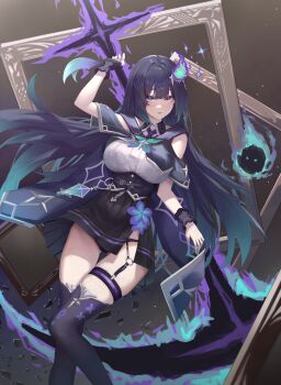 1girl absurdres aqua_hair belt black_belt black_capelet black_hair black_panties black_sailor_collar black_skirt black_thighhighs black_wrist_cuffs blue_eyes blush breasts brown_background capelet commentary dress energy_scythe english_commentary fire flaming_weapon floating_hair flower frilled_wrist_cuffs frills garter_straps glass_shards gradient_background gradient_hair high-waist_skirt highres light_particles long_hair looking_at_viewer multicolored_hair nootak original panties picture_frame pleated_skirt purple_hair purple_trim red_pupils sailor_collar scythe shards shirt shirt_tucked_in silver_jewelry single_garter_strap skirt sleeveless sleeveless_shirt solo star_(symbol) thigh_strap thighhighs underwear very_long_hair weapon weapon_on_back white_shirt wrist_cuffs