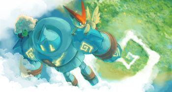 blue_eyes commentary cottonee creature day english_commentary gen_5_pokemon golurk looking_down nintendo no_humans on_shoulder outdoors pokemon pokemon_(creature) pokemon_on_shoulder riding riding_pokemon tuooneo whimsicott