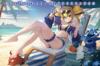 beach blonde_hair digimon digimon_(creature) digimon_liberator drill_hair ghostmon gigimon green_eyes looking_at_viewer multicolored_hair purple_hair smile sunglasses twintails violet_inboots yoobin213