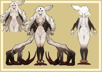 1girl absurdres black_sclera breasts brown_eyes reference_sheet claws colored_sclera commission ekrea_jan extra_arms extra_eyes full_body head_wings highres large_breasts long_hair looking_at_viewer monster_girl opposable_toes original skeb_commission solo standing third_eye very_long_hair white_hair wings yellow_background