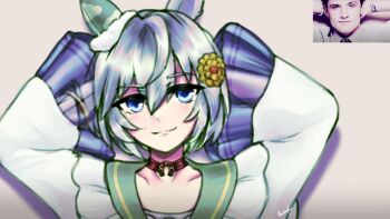 1girl animal_ears arms_behind_head blue_eyes bow brown_choker choker commentary ear_bow ear_covers english_commentary flower grey_hair hair_between_eyes hair_flower hair_ornament hairclip highres horse_ears horse_girl josh_hutcherson josh_hutcherson_whistle_edit_(meme) looking_at_viewer meme open_mouth photo-referenced photo_inset seiun_sky_(reeling_in_the_big_one)_(umamusume) seiun_sky_(umamusume) shirt short_hair single_ear_cover smile solo sunflower sunflower_hair_ornament umamusume