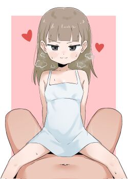 1boy 1girl :3 age_difference anatomy_of_a_gamer_(meme) armpit_crease bbk_(bbkbebek7) blush breath brown_hair child_gf_(orenji) collarbone convenient_censoring covered_penetration cowgirl_position dress grey_eyes happy happy_sex heart hetero highres implied_sex legs loli long_hair looking_at_viewer motion_lines naughty_face older_male_and_younger_female pink_background pov sex simple_background size_difference smile smug steam steaming_body straddling sundress sweat thighs two-tone_background white_background white_dress