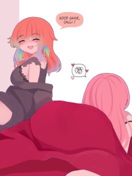 2girls alternate_costume bare_shoulders blush breasts couple earrings feather_earrings feathers highres hololive hololive_english jewelry large_breasts long_hair long_sleeves mori_calliope multicolored_hair multiple_girls open_mouth pink_hair simple_background takanashi_kiara viqur virtual_youtuber white_background wife_and_wife yuri