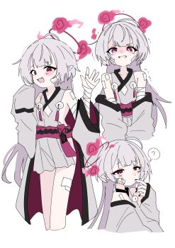 1girl :d absurdres bandaged_arm bandages bare_shoulders bell black_nails blue_archive bobok commentary fang finger_to_mouth gauze gauze_on_cheek grey_hair halo highres japanese_clothes jingle_bell long_hair looking_at_viewer multiple_views open_mouth pointy_ears purple_eyes red_halo sash shuro_(blue_archive) sideless_kimono simple_background smile tearing_up trembling white_background