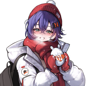 1girl alternate_costume backpack bag bandana bangboo_(zenless_zone_zero) beanie belle_(zenless_zone_zero) blue_hair blush breath commentary crossed_bangs earclip gloves green_eyes grin hair_between_eyes hair_ornament hat holding holding_snowball jacket letter_hair_ornament looking_at_viewer orange_bandana pom_pom_(clothes) pom_pom_beanie red_gloves red_hat red_scarf scarf short_hair simple_background smile snowball solo unfinished upper_body white_background white_jacket winter_clothes yuna_(deadawon) zenless_zone_zero