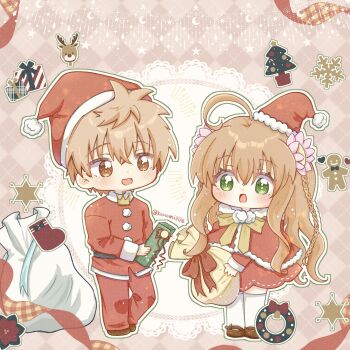 1boy 1girl :d ahoge blush bow bowtie box braid brown_hair brown_shoes capelet chibi chibi_only christmas christmas_tree commentary_request crown dress flower full_body fur-trimmed_capelet fur-trimmed_headwear fur-trimmed_sleeves fur_trim gift gift_box green_eyes hair_between_eyes hair_flower hair_ornament happy hat highres holding holding_gift holding_sack kanbe_kotori konomi_(konomi00e) long_hair looking_at_viewer mini_crown open_mouth orange_eyes orange_hair outline pants pink_flower pom_pom_(clothes) red_capelet red_dress red_hat red_pants red_shirt rewrite sack santa_costume santa_dress santa_hat shirt shoes short_hair sidelocks smile spiked_hair standing tareme tennouji_kotarou thighhighs twin_braids twitter_username very_long_hair wavy_hair white_outline white_thighhighs yellow_bow yellow_bowtie