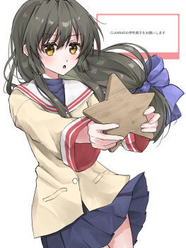 Rule 34 | 1girl, :o, absurdres, blazer, blue shirt, blue skirt, blunt ends, blush, bow, clannad, clothes lift, commentary, cowboy shot, fan request, floating hair, green hair, hair between eyes, hair bow, highres, hikarizaka private high school uniform, holding, holding star, ibuki fuuko, jacket, long hair, long sleeves, low-tied long hair, miniskirt, open mouth, outstretched arms, pleated skirt, purple bow, request inset, sailor collar, school uniform, serafuku, shirt, sidelocks, simple background, skirt, skirt lift, solo, star (symbol), translated, turtleneck, turtleneck shirt, user vkcr5455, v-shaped eyebrows, very long hair, white background, white sailor collar, wide sleeves, wind, wind lift, yellow eyes, yellow jacket