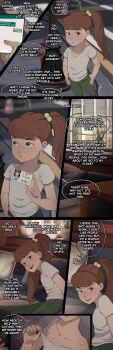 1girl absurdres amanda_(invincible) breasts brown_hair chat_log comic english_text flat_chest g_reaper green_pants hair_ornament hand_on_own_hip highres id_card inverted_nipples invincible_(series) loli long_hair looking_at_another looking_at_viewer nipples pants ponytail presenting_breasts presenting_own_body shirt small_breasts smile solo standing teasing third-party_edit white_shirt
