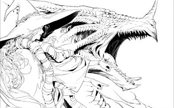 1girl bracelet cloak cracked_skin dragon elden_ring extra_arms from_side glintstone_dragon_adula greyscale hat_ornament jewelry long_hair long_sleeves megasus monochrome open_mouth parted_lips pointing profile ranni_the_witch roaring sharp_teeth simple_background teeth upper_body wide_sleeves witch