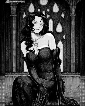 1girl bare_shoulders breasts chest_tattoo cleavage commentary_request crosshatching dress elbow_gloves fullmetal_alchemist gloves greyscale hatching_(texture) highres instagram_username large_breasts lipstick long_dress long_fingers lust_(fma) makeup monochrome pillarboxed seveninks sitting smile solo spanish_commentary strapless strapless_dress tattoo tube_dress wavy_hair