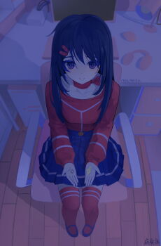1girl absurdres artist_name blue_eyes blue_footwear blue_hair blue_skirt chair choker closed_mouth computer desk foreshortening hair_ornament hairclip hashtag-only_commentary headphones highres jewelry kind_mita_(miside) long_hair long_sleeves looking_at_viewer mamayu miniskirt miside mita_(miside) monitor on_chair paper pleated_skirt red_choker red_shirt red_thighhighs ring shirt sitting skirt smile solo thighhighs