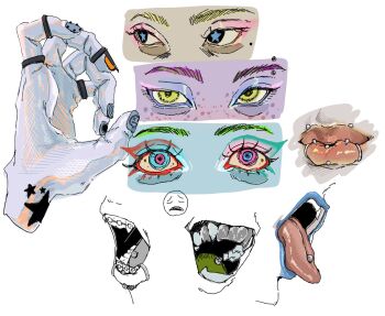 17_s_kyk angelbite_(piercing) bags_under_eyes blue_lips blue_pupils blue_skin braces colored_skin colored_tongue eye_focus eyebrow_piercing eyelashes eyeshadow face_piercing fangs freckles green_tongue grey_nails hand_focus heterochromia highres jewelry labret_piercing lips looking_at_viewer makeup mismatched_eyeshadow mole mole_under_eye mouth_focus multicolored_eyebrows multicolored_nails nail_art nail_ornament orange_nails original pale_skin piercing pink_eyeshadow purple_skin ring ringed_eyes shiny_eyeshadow silver_teeth snakebite_(piercing) star-shaped_pupils star_(symbol) star_tattoo symbol-shaped_pupils tattoo teeth thick_lips tongue tongue_out tongue_piercing tooth_crown tsurime white_skin wrist_tattoo yellow_eyes