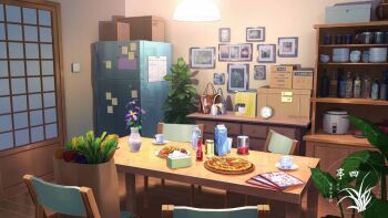 bag bottle box brown_bag chair coffee_maker coffee_pot dining_room drawing_(object) food groceries handbag indoors light no_humans original paper_bag pizza plant plate refrigerator rice_cooker scenery shelf shopping_bag sticky_note vegetable xingzhi_lv