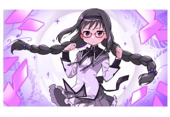 1girl akemi_homura akemi_homura_(magical_girl) asukaru_(magika_ru) black_bow black_bowtie black_hair black_hairband blush border bow bowtie braid capelet closed_mouth cowboy_shot frilled_skirt frills glasses grey_capelet grey_skirt hairband hands_up highres long_hair long_sleeves looking_at_viewer magical_girl mahou_shoujo_madoka_magica mahou_shoujo_madoka_magica_(anime) outside_border pleated_skirt purple_eyes red-framed_eyewear serious shirt signature skirt solo twin_braids v-shaped_eyebrows white_border white_shirt