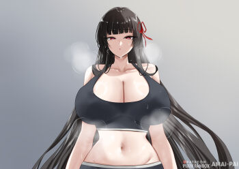 1girl :o absurdres amai-pai bare_arms black_hair black_sports_bra blunt_bangs breasts chisa_(wuthering_waves) cleavage collarbone commentary_request grey_background hair_ribbon heavy_breathing highres huge_breasts large_breasts long_hair mole mole_under_eye navel open_mouth red_eyes red_ribbon ribbon sidelocks solo sports_bra steam stomach upper_body very_long_hair wide_hips wuthering_waves
