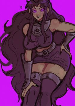 1girl absurdres blackfire breasts commentary cowboy_shot dc_comics hand_on_own_hip hand_on_own_leg highres large_breasts long_hair looking_at_viewer miniskirt purple_background purple_eyes purple_hair purple_shirt purple_skirt purple_thighhighs shirt simple_background skirt sleeveless sleeveless_shirt smile solo tamaranean teen_titans thighhighs tsurime vambraces very_long_hair widisu
