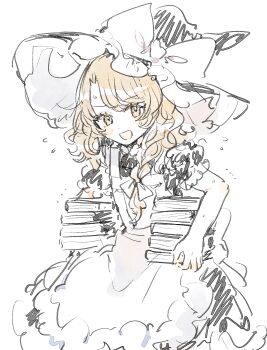 Rule 34 | 1girl, apron, black dress, black hat, blonde hair, book, bow, braid, commentary request, cowboy shot, dress, embodiment of scarlet devil, hat, hat bow, highres, holding, holding book, kirisame marisa, long hair, looking at viewer, mozukuzu (manukedori), official alternate costume, open mouth, puffy short sleeves, puffy sleeves, short sleeves, side braid, single braid, sketch, smile, solo, sweatdrop, touhou, white apron, white bow, witch hat, yellow eyes