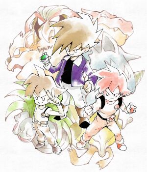 Rule 34 | 1boy, alakazam, arcanine, artist name, black shirt, blue oak, charizard, exeggutor, fenyon, gen 1 pokemon, gloves, highres, jacket, nintendo, official style, pidgeot, poke ball, pokemon, pokemon rgby, purple jacket, rhydon, shirt, shoes, short hair, sneakers, spiked hair, spoon, sugimori ken (style), white background