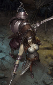 1boy 1girl absurdres adelbert_steiner armor back-to-back battle beatrix beatrix_(ff9) belt belt_buckle bracer breasts brown_hair buckle claws cleavage closed_mouth collarbone curly_hair dark_background determined epic eyepatch facing_away fight fighting_stance final_fantasy final_fantasy_ix from_above full_body gauntlets gloves hat hat_feather highres holding holding_sword holding_weapon jacket knight large_breasts long_hair looking_ahead mcgmark monster one_eye_covered outdoors pants pantyhose pauldrons plate_armor realistic rock rubble save_the_queen scabbard serious sheath shoes shoulder_armor standing sword teamwork weapon