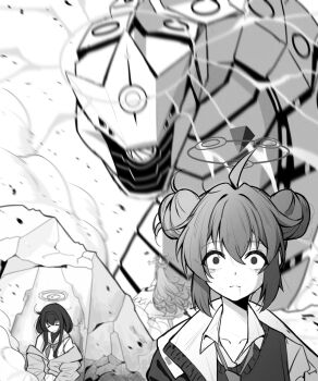 Rule 34 | 3girls, ahoge, binah (blue archive), blue archive, cardigan, closed eyes, closed mouth, collared shirt, commentary, double bun, dress, english commentary, greyscale, hair between eyes, hair bun, hairband, halo, highres, long hair, maki (blue archive), meme, mika (blue archive), monochrome, multiple girls, neckerchief, necktie, ptsd, reia 76, sailor collar, shirt, single side bun, sweater vest, thousand yard stare, torn clothes, ui (blue archive), very long hair, wings