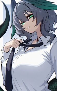 1girl absurdres arknights black_necktie breasts dryegen green_eyes grey_background head_wings highres ho&#039;olheyak_(arknights) large_breasts looking_at_viewer necktie shirt snake_tail solo tail two-tone_background upper_body white_background white_shirt wings