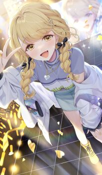 1girl absurdres blonde_hair blush braid breasts fang fujita_kotone gakuen_idolmaster hair_ribbon heart heart-shaped_pupils highres idolmaster ion_(on01e) jacket jacket_partially_removed large_breasts long_hair looking_at_viewer multicolored_jacket open_mouth ribbon shirt skirt smile solo stage symbol-shaped_pupils twin_braids v yellow_eyes yellow_shirt