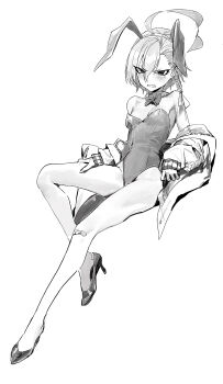 1girl animal_ears blue_archive bow bowtie braid breasts detached_collar fake_animal_ears full_body greyscale high_heels highres leotard looking_at_viewer modare mole mole_under_eye monochrome neru_(blue_archive) neru_(bunny)_(blue_archive) official_alternate_costume playboy_bunny rabbit_ears simple_background solo strapless strapless_leotard white_background
