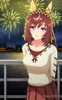 Rule 34 | 1girl, aerial fireworks, animal ears, blush, braid, breasts, brown hair, brown skirt, buena vista (casual) (umamusume), buena vista (umamusume), casual, checkered hairband, closed mouth, collarbone, ear covers, fireworks, hair between eyes, hair ornament, hairband, highres, horse ears, horse girl, jewelry, kasumi uzuki, looking at viewer, medium breasts, medium hair, necklace, night, night sky, purple eyes, skirt, sky, smile, solo, sweater, umamusume, white sweater