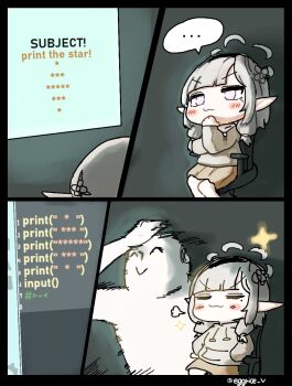 1boy 1girl 4koma alternate_costume blue_archive blush chibi closed_eyes comic doodle_sensei_(blue_archive) eggrice_v english_text grey_hair highres himari_(blue_archive) pointy_ears purple_eyes sensei_(blue_archive) twitter_username