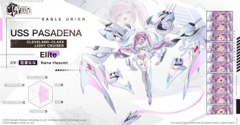 1girl azur_lane blue_ribbon breasts cleavage commentary copyright_name copyright_notice covered_navel english_commentary full_body hair_ornament highres holding holding_ribbon large_breasts long_hair looking_at_viewer multiple_expressions official_art open_mouth pasadena_(azur_lane) promotional_art purple_hair red_eyes ribbon rigging second-party_source skindentation smile solo thighs twintails zoom_layer