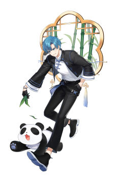1boy absurdres bamboo belt black_belt black_gloves black_jacket black_pants black_shoes blue_hair bracelet closers fang feeding full_body gloves grin hand_in_pocket highres holding holding_leaf jacket jewelry lattice leaf leaning_forward leg_up looking_at_animal male_focus mandarin_collar nata_(closers) official_art open_clothes open_jacket panda pants running shirt shirt_tucked_in shoes short_hair smile solo teeth white_background white_shirt wide_sleeves window