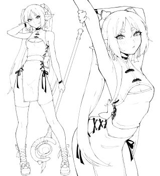 Rule 34 | 1girl, absurdres, arched back, arm up, armpits, arms up, bare shoulders, breasts, cleavage, cleavage cutout, clothing cutout, commentary, earrings, elf, english commentary, frieren, full body, greyscale, highres, holding, holding staff, jewelry, kekel, large breasts, leaning forward, long hair, looking at viewer, monochrome, multiple views, parted bangs, pelvic curtain, pointy ears, side cutout, sidelocks, sousou no frieren, staff, thick eyebrows, thighhighs, twintails