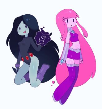2girls :d :o adventure_time alternate_costume bite_mark black_eyes black_hair blunt_bangs boots breasts colored_skin commentary cosplay dc_comics fang fang_out full_body grey_skin highres hynden_walch kojirou_(mesurf1) leotard long_hair looking_at_viewer marceline_abadeer medium_breasts multiple_girls navel open_mouth pink_hair pink_skin princess_bonnibel_bubblegum raven_(dc) raven_(dc)_(cosplay) shiny_skin simple_background sleeved_leotard smile starfire starfire_(cosplay) superhero_costume symbol-only_commentary teen_titans thigh_boots vampire very_long_hair voice_actor_connection white_background y2k_fashion