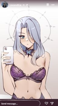 1girl bags_under_eyes blue_eyes bra breasts butterfly_choker commentary english_commentary grey_hair hair_over_one_eye halo highres holding holding_phone indie_virtual_youtuber long_hair medium_breasts mirror_selfie monarch_(amalee) navel phone purple_bra ryhluen selfie sweat underwear virtual_youtuber